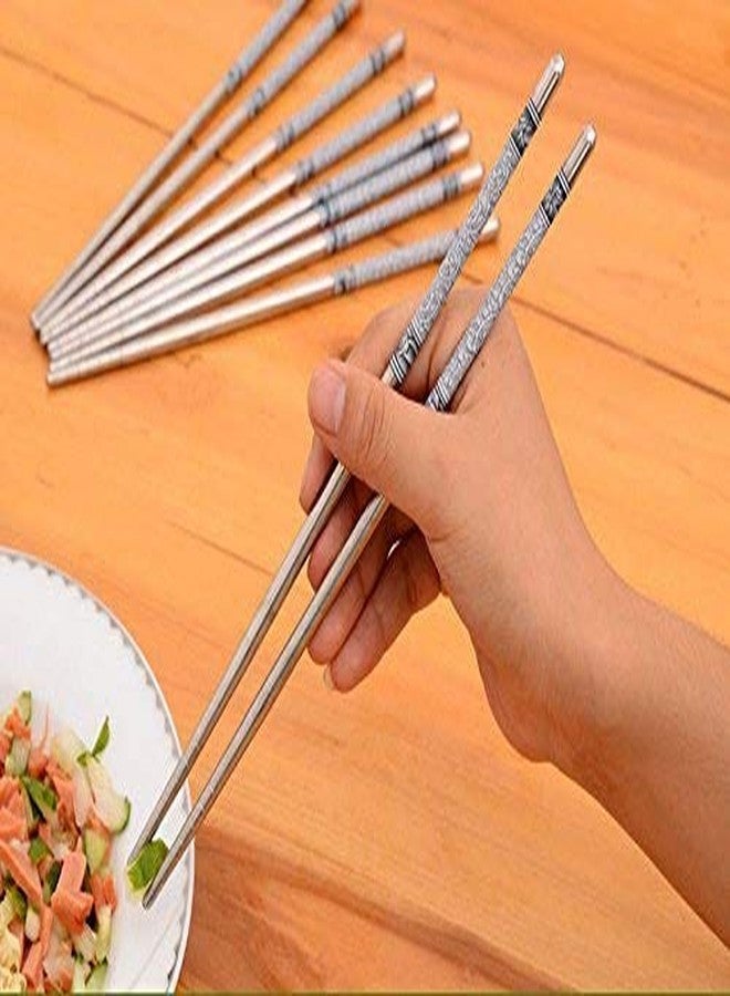 Iktu 5 Pair Reusable Stainless Steel Chopstick Set - Grey and White Porcelain Pattern Non-Slip Chopsticks Tableware Set - 23cm - Image 2